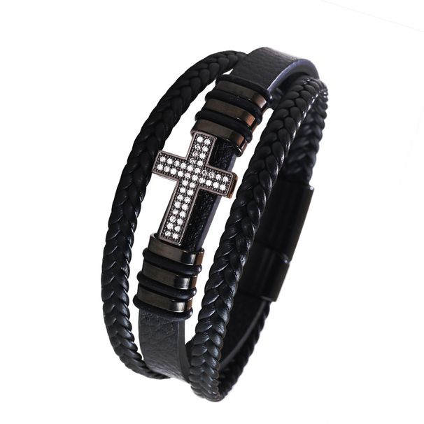 Men's Jewelry Copper Inlaid Zircon Cross Bracelet Fashionable PU Leather Rope Hand Woven Alloy Bracelet Jewelry_voghion.com