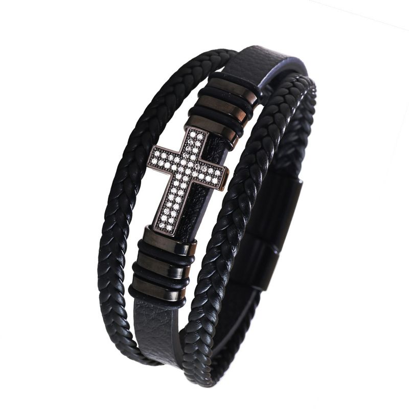 Herrenschmuck Kupfer eingelegtes Zirkon Kreuz Armband Modisches PU Leder Seil Handgewebtes Legierungsarmband Schmuck_voghion.com