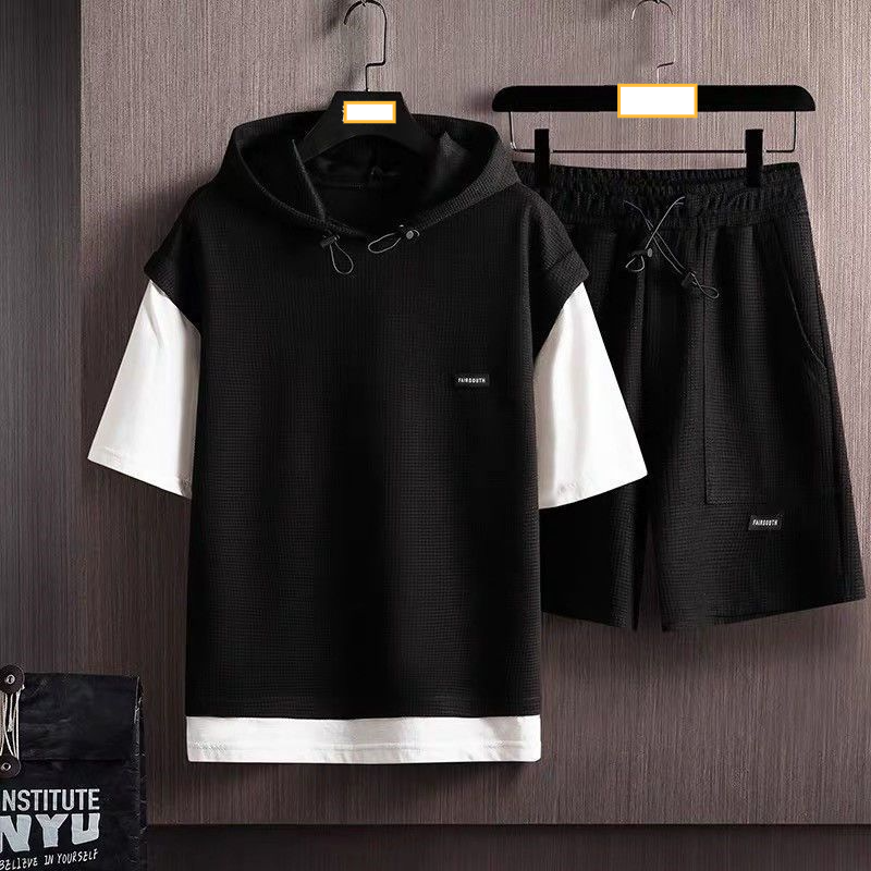 Men's clothing Waffle short-sleeved suit men's two-piece suit  brand casual sports two-piece tops men's clothing matching set_voghion.com