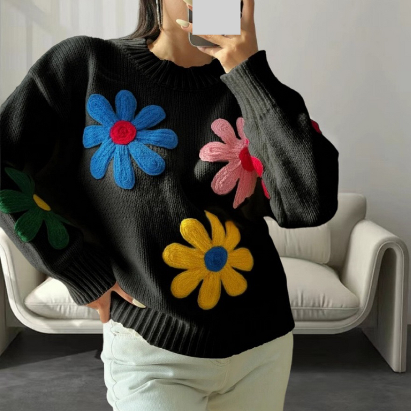Women's Clothing Colored Small Flower Sweater Women Heavy Embroidery Pullover Knitted Sweater Women_voghion.com