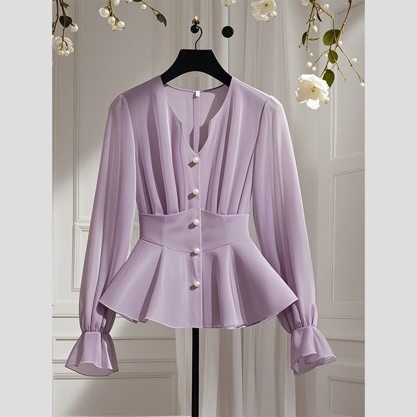 Damkläder tidig vår Unikt vackert temperament chiffong långärmad topp Ljus lyxig lyxig lila skjorta kvinnlig sommar_voghion.com