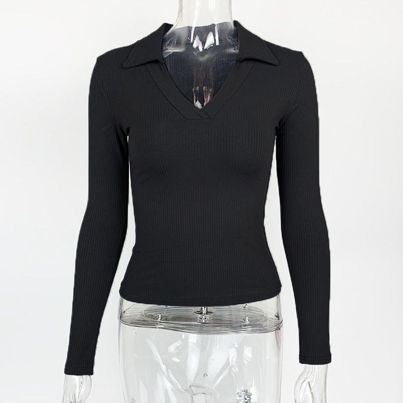 T-shirt da donna elegante con collo alto e maniche lunghe a V profonda in cotone attillato_voghion.com