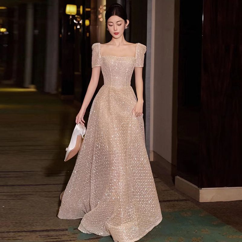 Elegant Square Neck Wedding Dress - Slim Fit Bridal Gown With Sparkling Sequins (A-Line Silhouette Lightweight Tulle For Ceremony & Evening Banquet)​_voghion.com