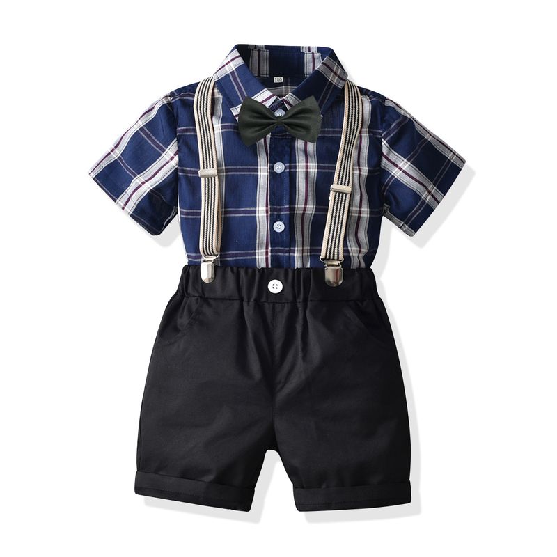 Babykleidung Jungen kariertes Kurzarmhemd mit Rücken und Shorts Herrenanzug Kinderschatz Sommerstrickjacke_voghion.com