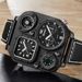 Men's Stylish Quartz Watch With Compass & Dual Time Zone - Large Square Dial Leather Strap Watch - Mineral Crystal Black Dial & Strap_voghion.com