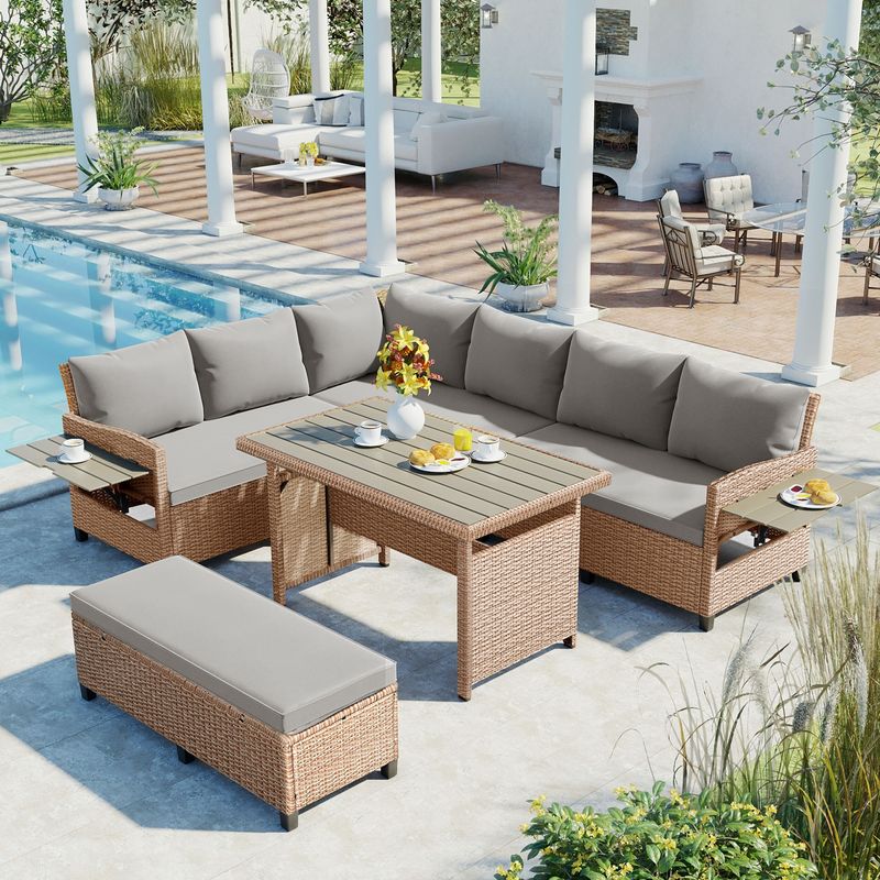 5-Piece Outdoor Patio Rattan Sofa Set; Sectional PE Wicker L-Shaped Garden Furniture Set with 2 Extendable Side Tables; Dining Table and Washable Cove_voghion.com