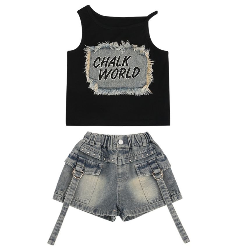 [LittleRebel] Set de vară pentru fete - Bluză fără mâneci și pantaloni scurți edgy | Ținută cool din două piese pentru fete_voghion.com