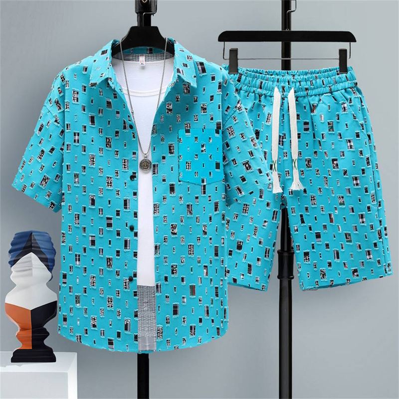 Summer 2025 Fashion Men's Lapel Short Sleeve Shirts + Lace-Up Shorts 2 Piece Casual Sport Sets S-6XL_voghion.com