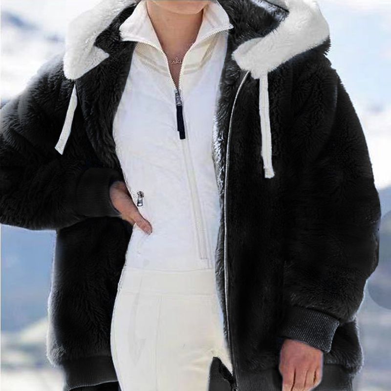 2021 inverno donna cappotto in peluche moda con cappuccio giacche con cerniera casual oversize in pelliccia scozzese calda giacca Parka da donna_voghion.com