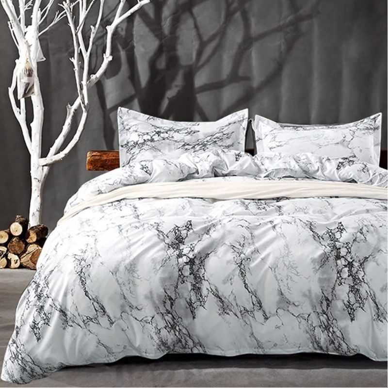 Parure de couette Queen Size respirante, ensemble de couettes toutes saisons en duvet synthétique, ensemble de trois pièces en marbre blanc_voghion.com