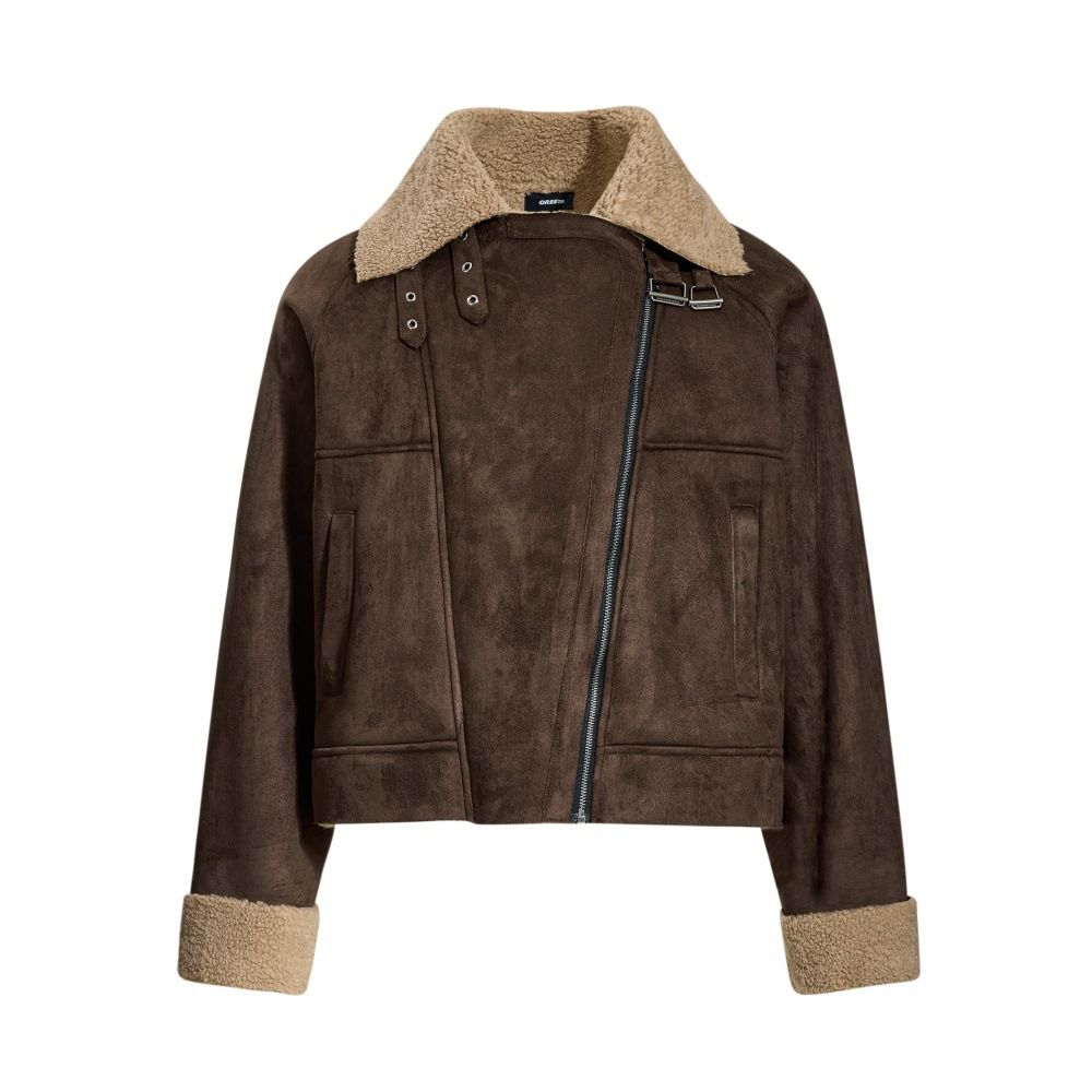 Herren-Shearling-Jacke mit asymmetrischem Reißverschluss – Oversize-Streetwear-Bomberjacke mit Kunstlammkragen (Schwarz/Braun, Größen M-XXL) | Unisex Urban Edge_voghion.com