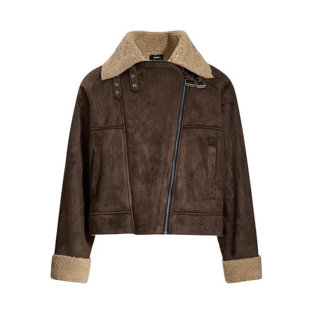 Herren-Shearling-Jacke mit asymmetrischem Reißverschluss – Oversize-Streetwear-Bomberjacke mit Kunstlammkragen (Schwarz/Braun, Größen M-XXL) | Unisex Urban Edge_voghion.com