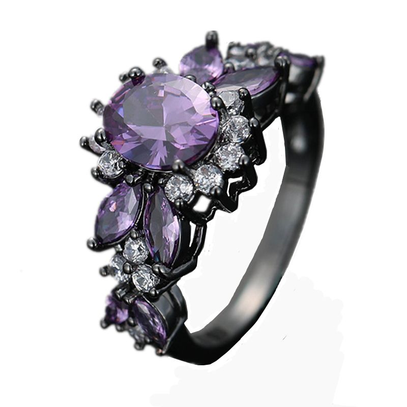 Anillo antiguo de flor floral para mujer, chapado en oro negro, con acabado oxidado retro, amatista creada, compromiso, boda, vintage, para mamá y amante._voghion.com