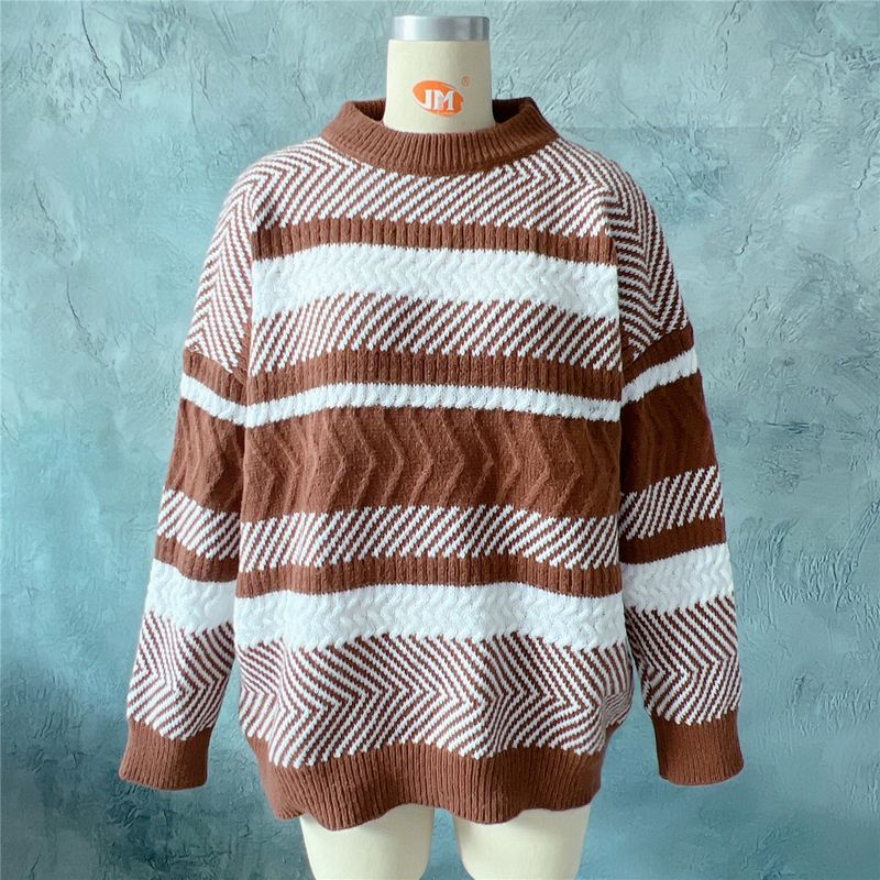 New autumn and winter irregular striped color matching thickened round neck long sleeve knitted sweater pullover_voghion.com