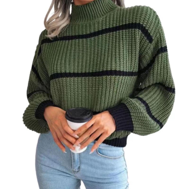 Maglione casual a righe da donna, pullover a maniche lunghe con collo alto e vestibilità ampia, top invernale morbido e confortevole per le donne_voghion.com