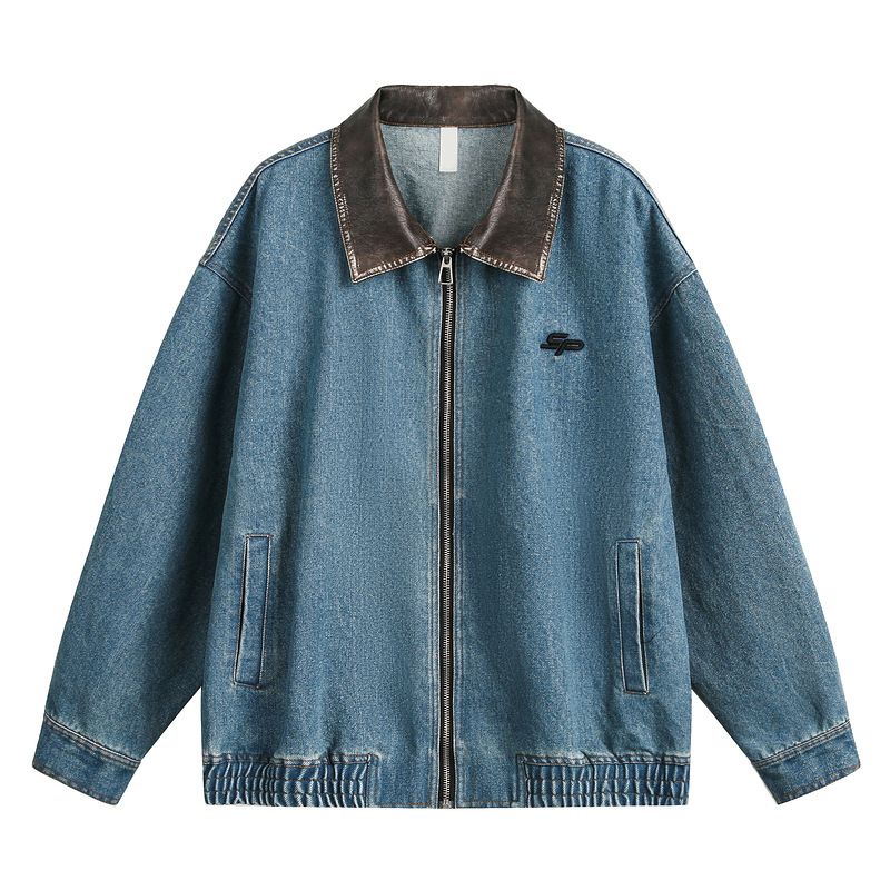 Vintage Blue Washed Denim Jacket For Men With PU Leather Collar - Detroit Style Workwear Coat_voghion.com
