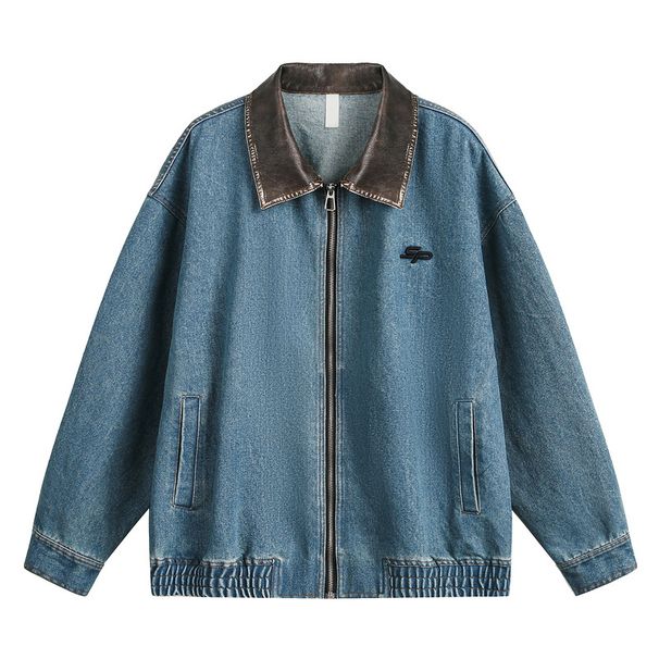 Vintage Blue Washed Denim Jacket For Men With PU Leather Collar - Detroit Style Workwear Coat_voghion.com