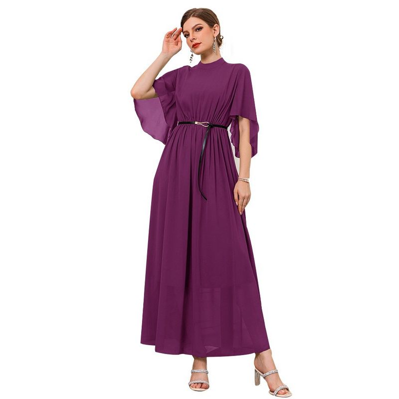 Robe unie à col montant et manches évasées pour femme_voghion.com