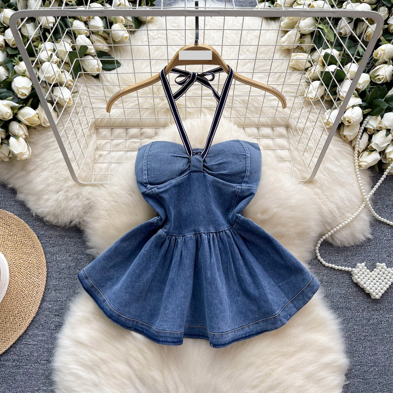 Women's Clothing Pure desire hot girl halter neck camisole for women summer design waist lotus leaf hem tube top off the shoulder denim top_voghion.com