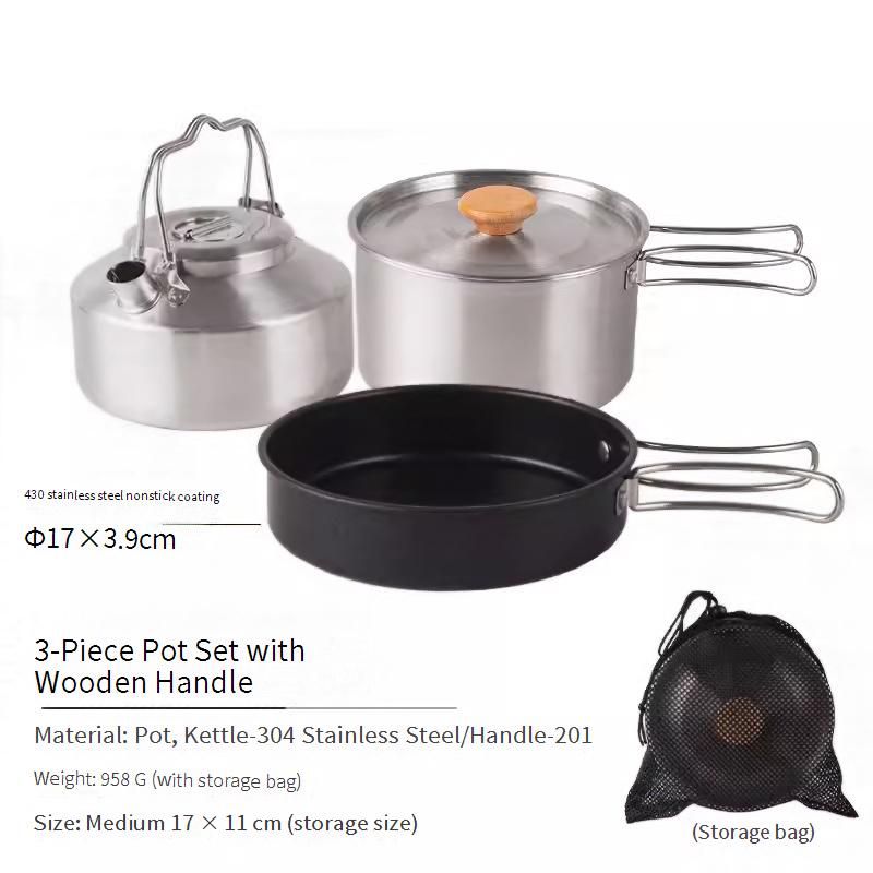 Outdoor Stainless Steel Cookware Set - Non-Stick Frying Pan Camping Pot & Kettle Lightweight & Portable For 3-4 People Perfect For Hiking & Picnics​_voghion.com