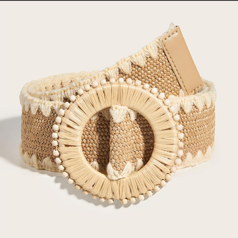 Damengürtel Sommer Damen Holzperlen Geflochtene Schnalle Elastischer breiter Rand Wollrand PP Gras Raffia Taillengürtel_voghion.com