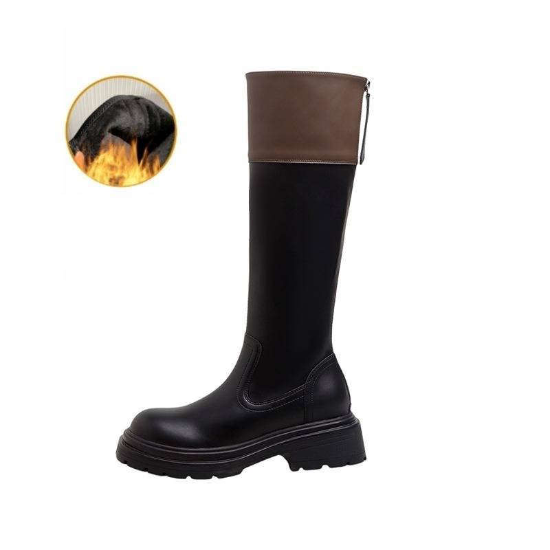 Women's Shoes Chunky Heel Knee High Boots With Round Toe, Leather And Rubber Sole, Retro Style, Black And White Color Block, Winter And Fall Fashion_voghion.com