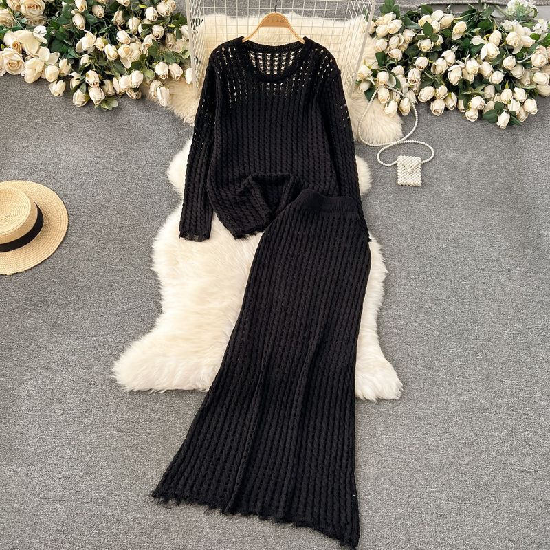 Women's Clothing early spring wear lazy style knitted suit female design hollow top versatile skirt two piece suit trendy_voghion.com