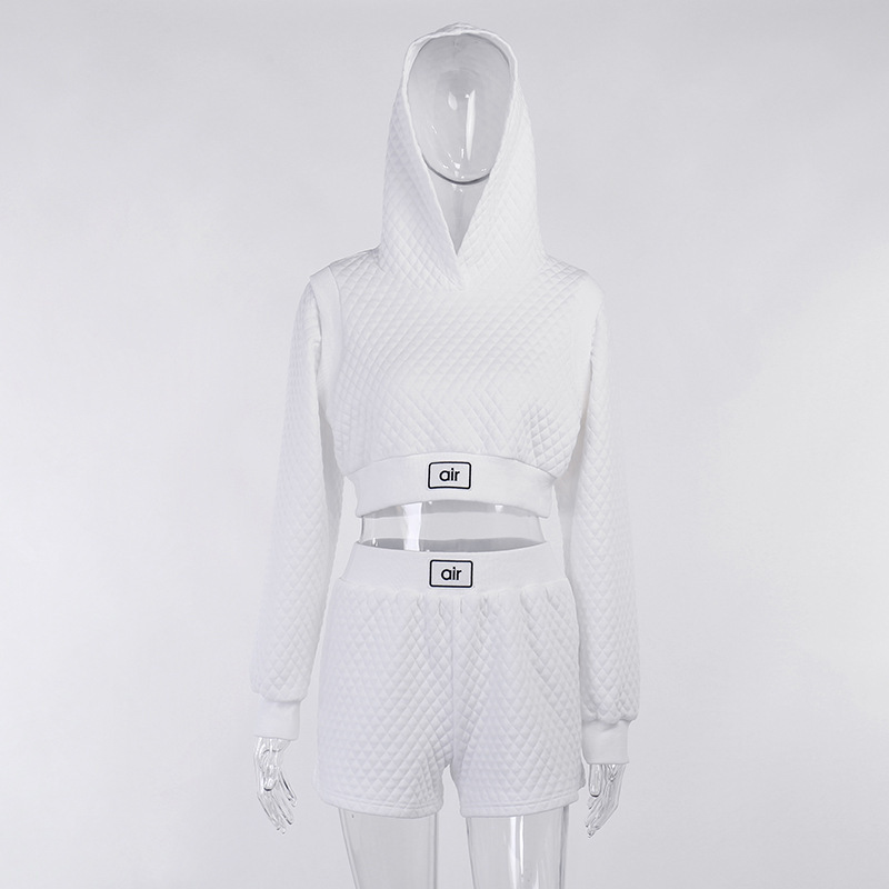 2023 Textur Checker Fake Zwee-Stéck Kapuzenpullover Shorts Set Hierscht Moud Casual Sport Fraen_voghion.com