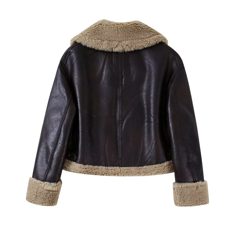 Women's double-sided short jacket jacket long sleeve fur one loose and lazy warm top_voghion.com