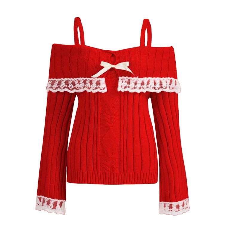 Women's Clothing Lace One Shoulder Sling Knit Sweater_voghion.com