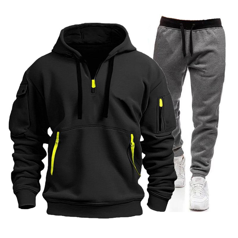 Terno esportivo masculino com capuz, zíper, moletom com capuz, calça, dois conjuntos_voghion.com