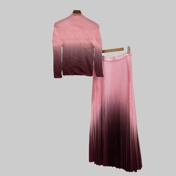 Damkläder Plisserad Gradient Stor Storlek Tvådelad Kostym Casual Rund Hals Långärmad Topp + Elegant Gradient Lång Kjol_voghion.com
