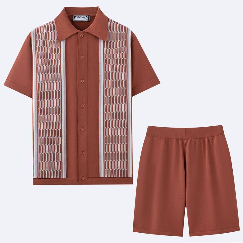 Men's Clothing Men's Cool Silk Jacquard Two Piece Knitted Sweater Casual Polo Shirt Suit_voghion.com