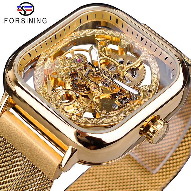 Forsining Orologio da polso meccanico da uomo, automatico, a carica automatica, in acciaio dorato trasparente, stile scheletro, da uomo, per uomo, ora calda_voghion.com