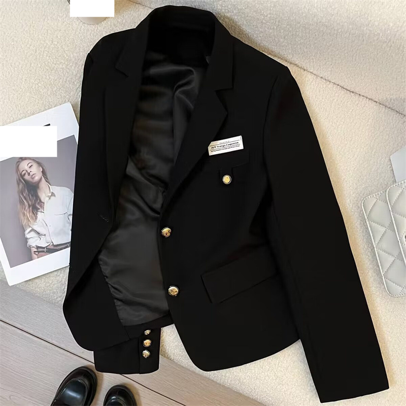 Dammekleeder Fréijoer an Hierscht Design Sense College Style Casual Street schwaarz kuerz Kostümjacket fir Fraen_voghion.com
