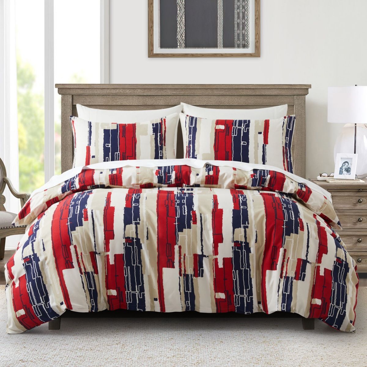 Red Geometric Stripe Printed Quilt Cover Duvet Cover Bedding Three Piece Set In Soft Polyester - Milled Velvet Texture_voghion.com