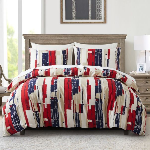 Red Geometric Stripe Printed Quilt Cover Duvet Cover Bedding Three Piece Set In Soft Polyester - Milled Velvet Texture_voghion.com