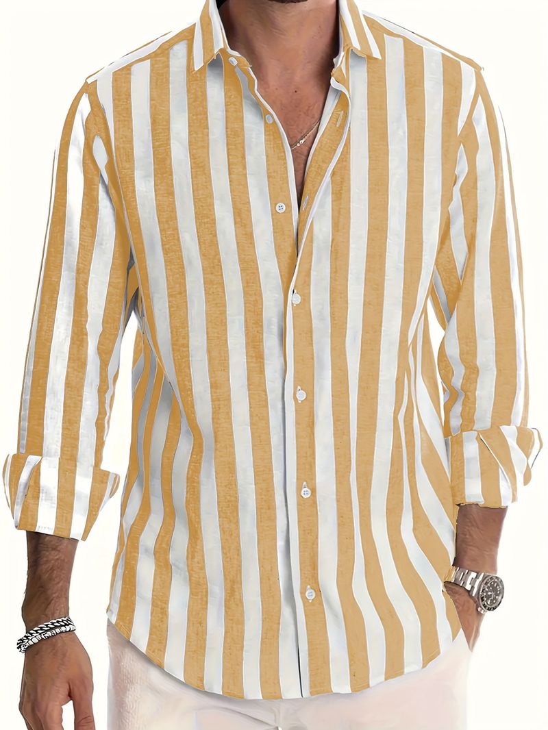 Men's Casual Striped Long Sleeve Button-up Shirt - Cotton-linen Blend, Lightweight Breathable, Perfect For Beach Vacations, Date Nights And Gifts,_voghion.com
