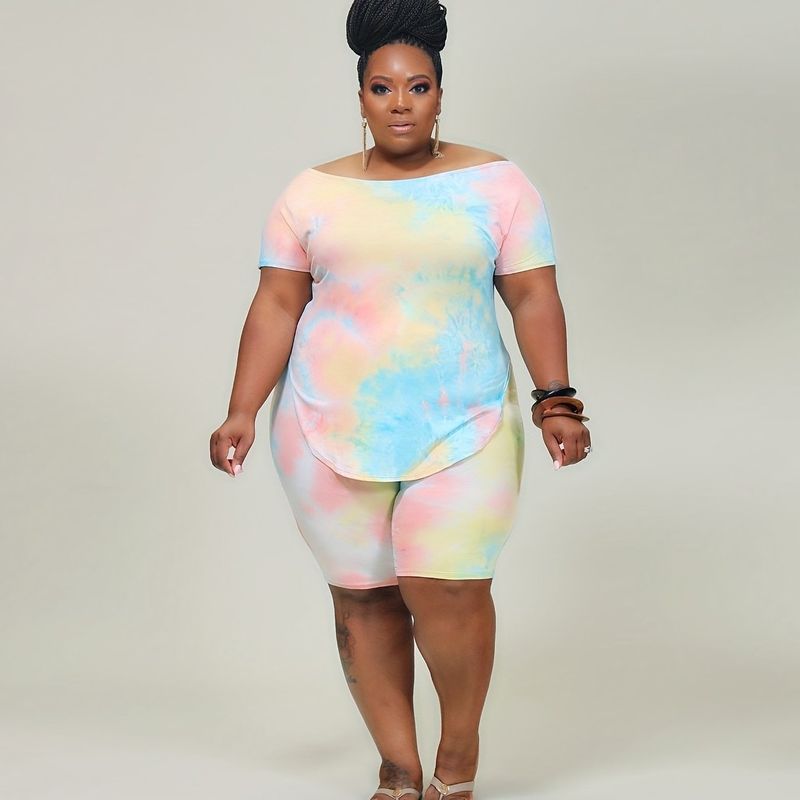 Plus Size Tie Dye Print Boat Collar Tops & Skinny Shorts Set, Women's Plus Medium Stretch 2pcs Set Outfits, Women Plus Size Two Piece Set_voghion.com