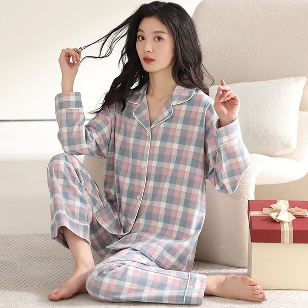 Damen Frühling Langarm Casual Plus Größe gewebte Baumwolle Strickjacke Nachtwäsche, Herbst und Winter Home Anzug Set kann_voghion.com