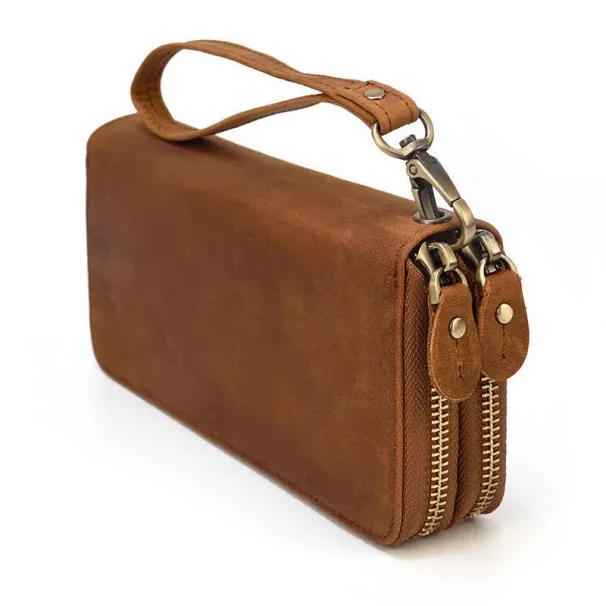 Genuine Leather Business Long Wallet Top Layer Cowhide Double Zipper Clutch Men's Bag_voghion.com