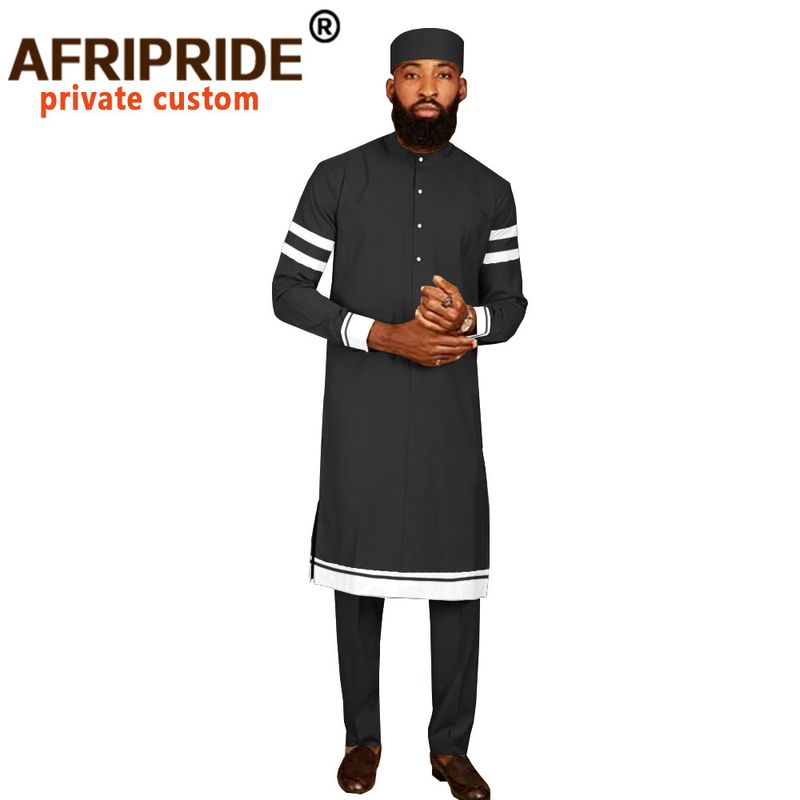 Erkek giyim Afrika ulusal pamuklu erkek gündelik üç parçalı üst + pantolon + şapka_voghion.com