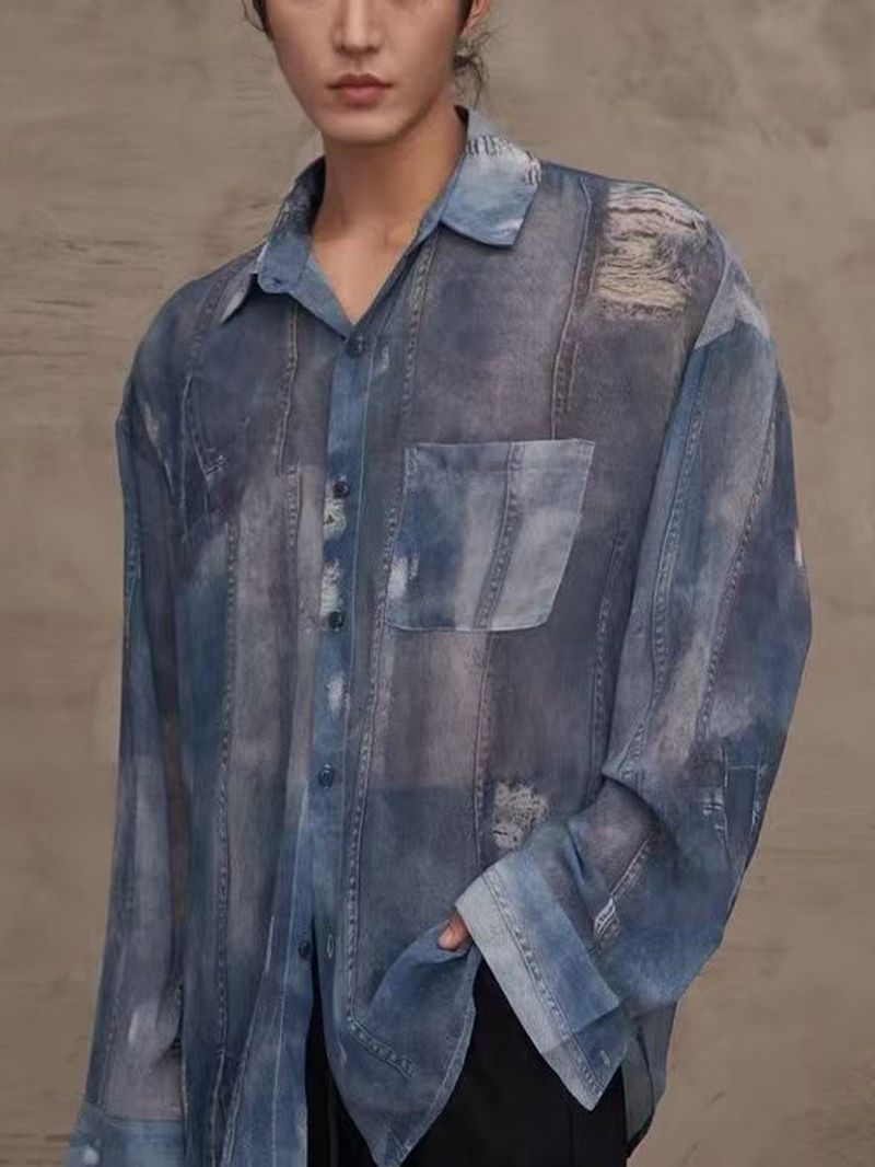 Chemise en mousseline de soie imprimée en denim grande taille pour homme, chemise ample à manches longues, chemise légère et décontractée avec protection solaire_voghion.com