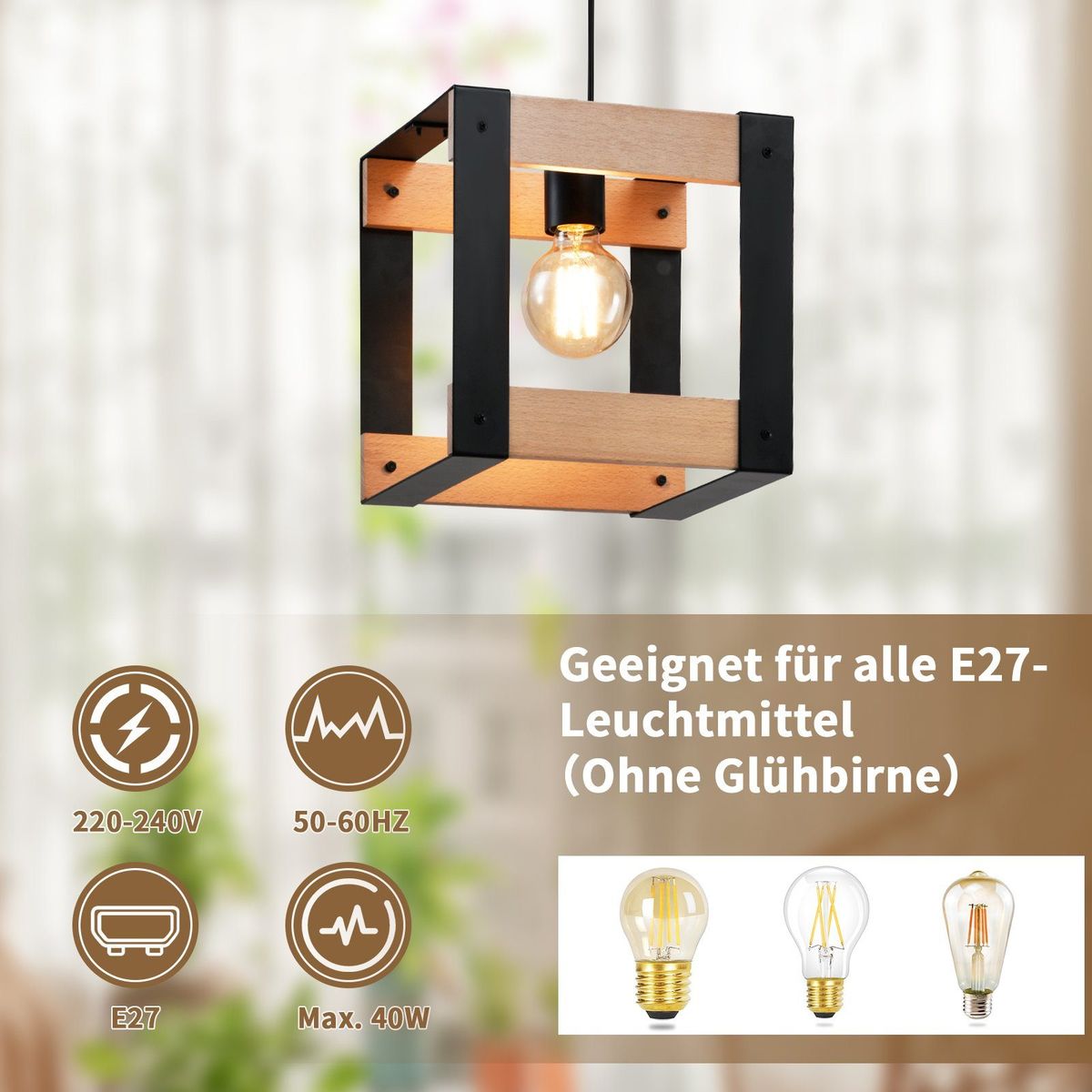 Glitzerlife Pendelleuchte Holz Esstisch 1 Flammig - Hängelampe Schwarz Metall E27 Fassung Industrial Vintage Pendellampe Retro Esszimmerlampe Hängend Für Küche_voghion.com