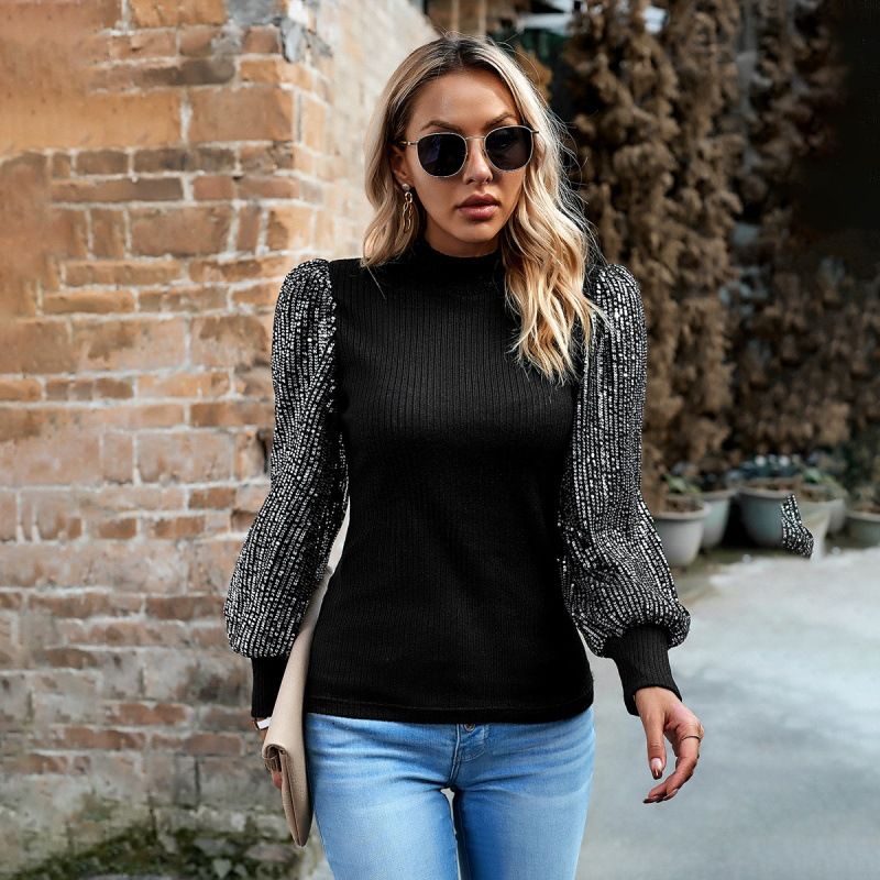 Abbigliamento donna autunno e inverno top in maglia con impunture di paillettes a maniche lunghe e collo semialto_voghion.com