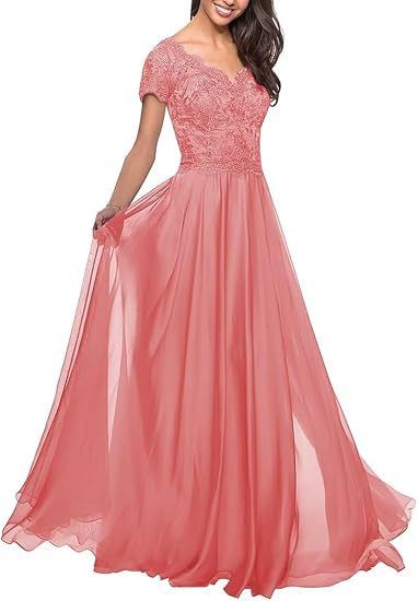 Women's Clothing Elegant Lace Applique Mother Of The Bride Dress Long Sleeveless Chiffon Formal Evening Gown For Wedding & Special Occasions_voghion.com