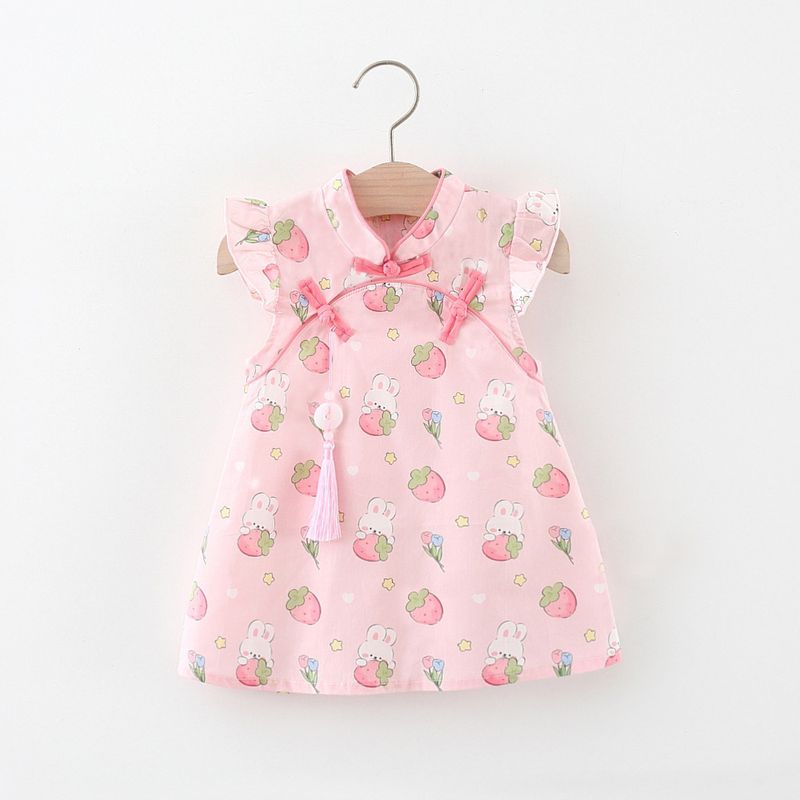 Abito rosa per ragazza Abito in stile cinese stampato con coniglio fragola Invia ciondolo con nappa_voghion.com