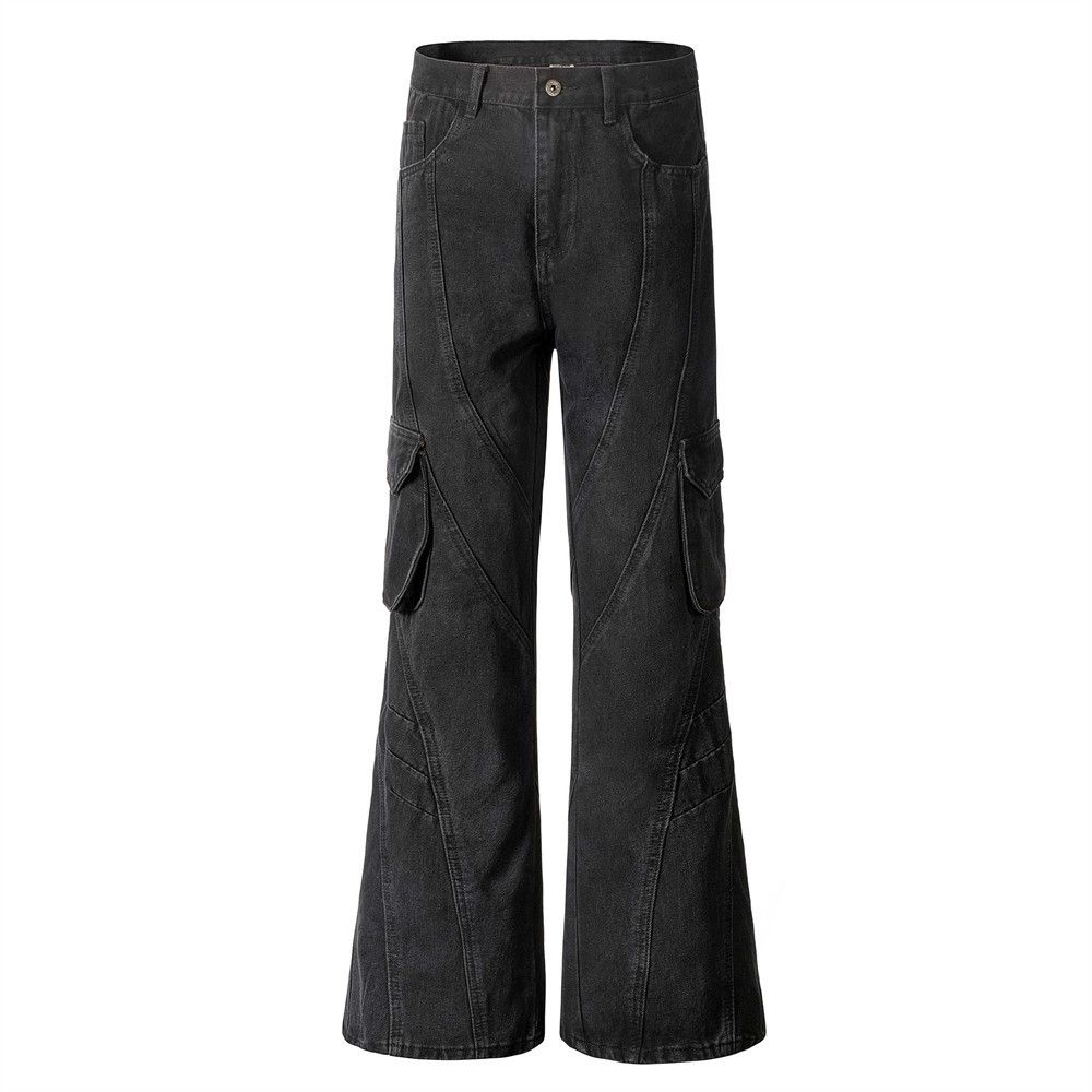Men's Flared Jeans With Multiple Pockets, Design Sense, Deconstructed, Distressed, Washed, Casual Workwear, Long Pants,_voghion.com