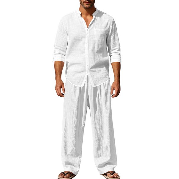 Camicia da spiaggia con pantaloni lunghi e maniche larghe e traspiranti in lino stile americano 2025 da uomo_voghion.com