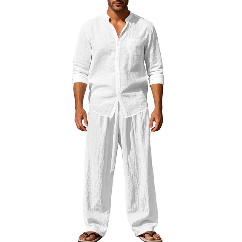 2025 American Four Seasons Linen Men's Casual Loose Breathable Long Sleeved Pants Shirt Beach Set_voghion.com